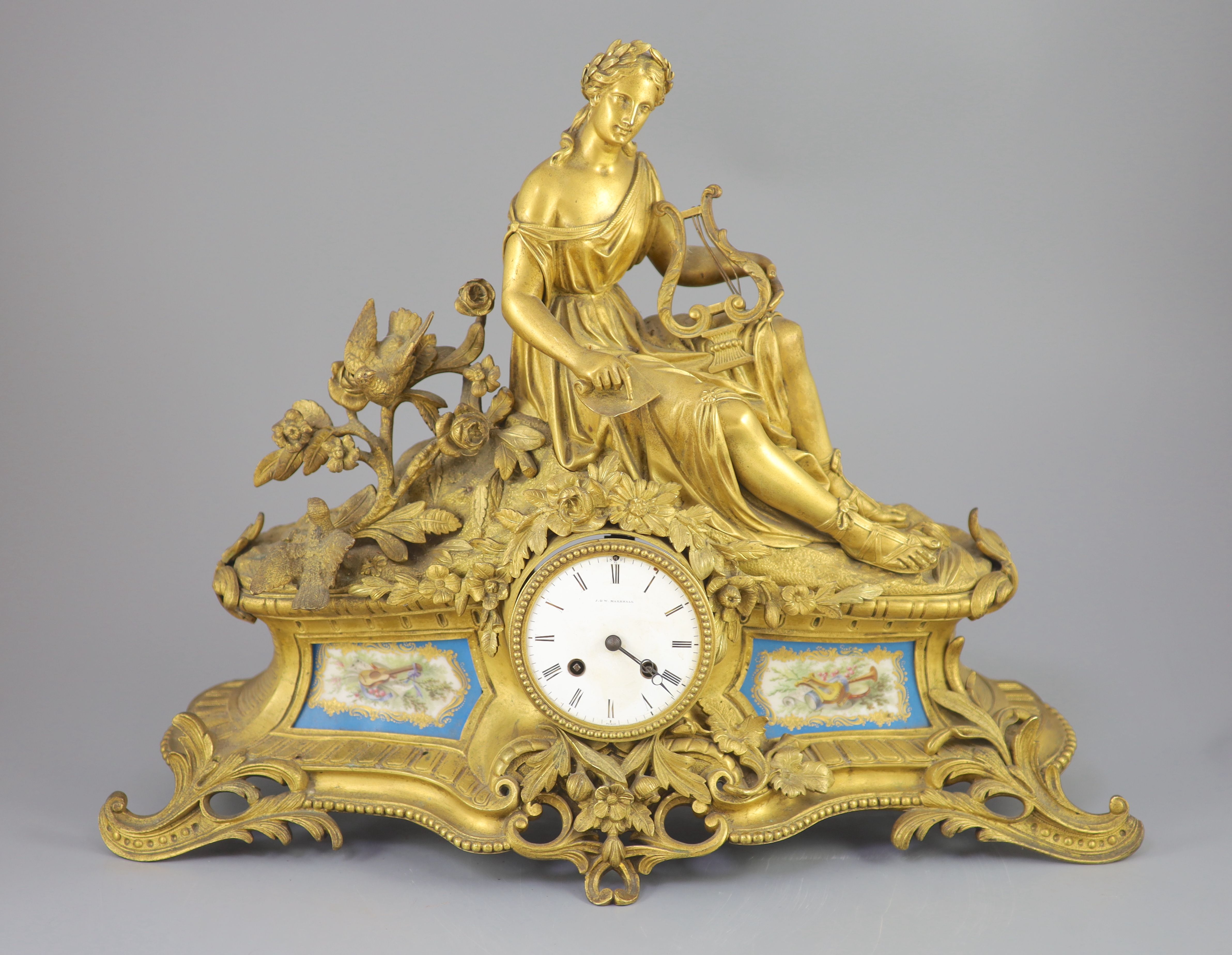 A 19th century French ormolu mantel clock, retailed by J & W Marshall, Paris, width 22.5in.